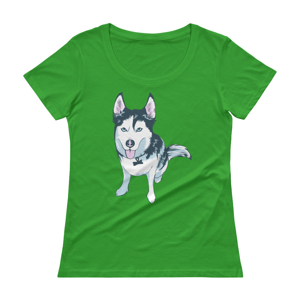 Ladies' Scoopneck T-Shirt- Aqua the Husky