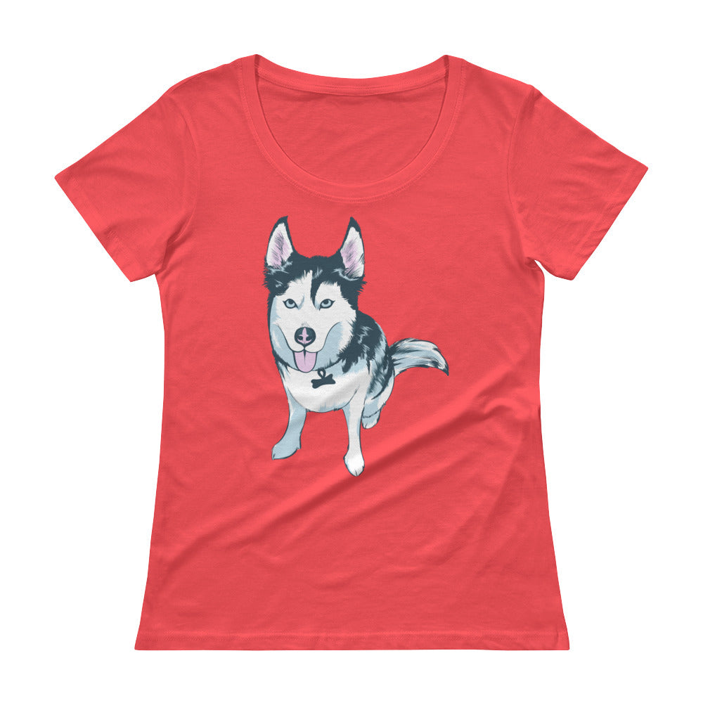 Ladies' Scoopneck T-Shirt- Aqua the Husky