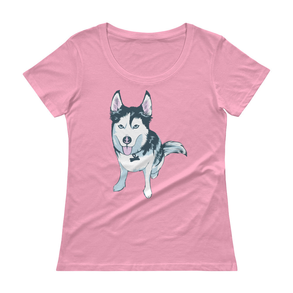 Ladies' Scoopneck T-Shirt- Aqua the Husky