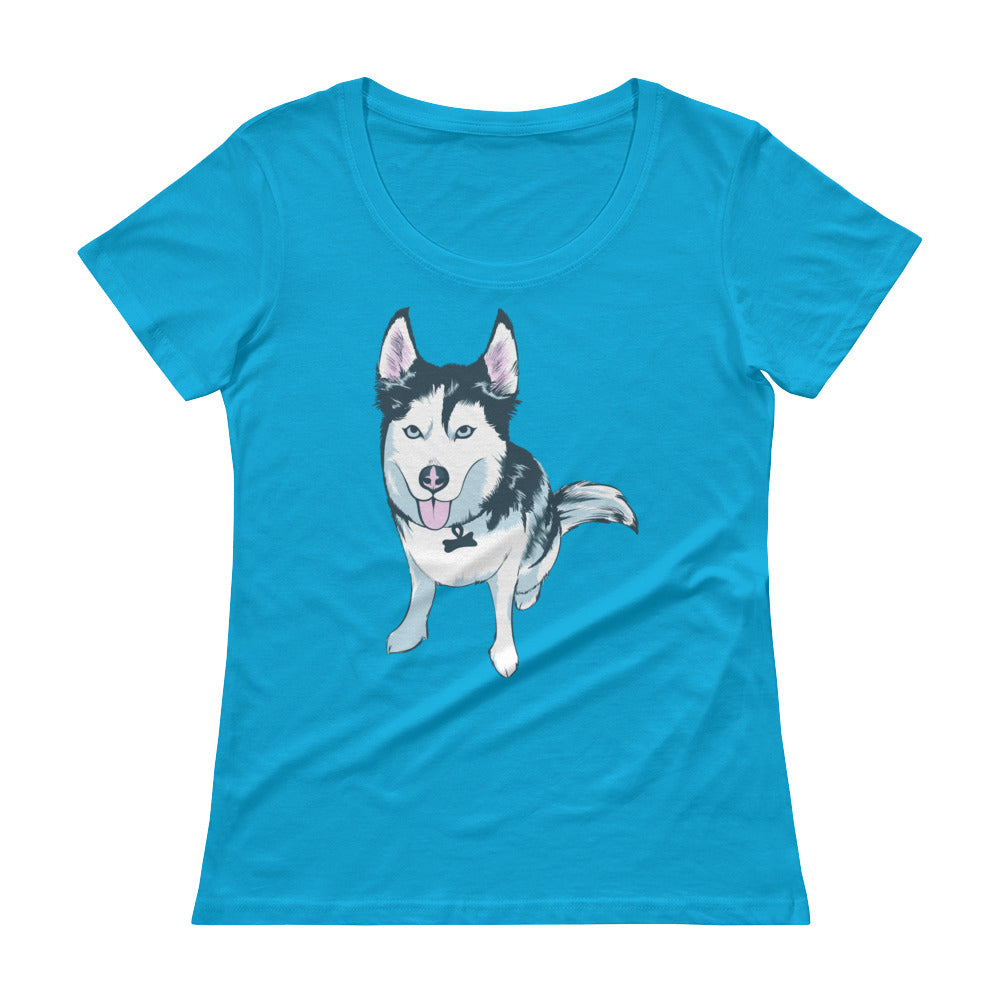 Ladies' Scoopneck T-Shirt- Aqua the Husky