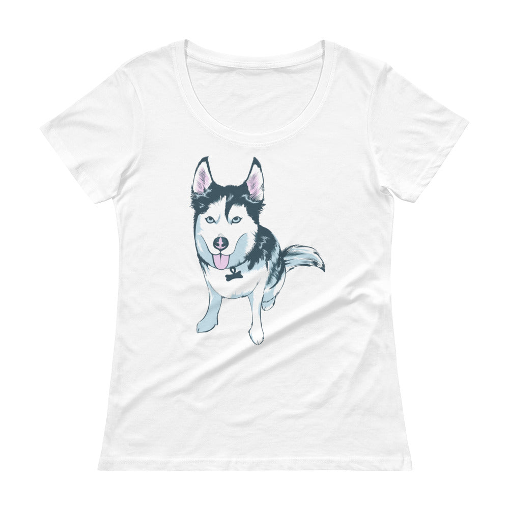 Ladies' Scoopneck T-Shirt- Aqua the Husky