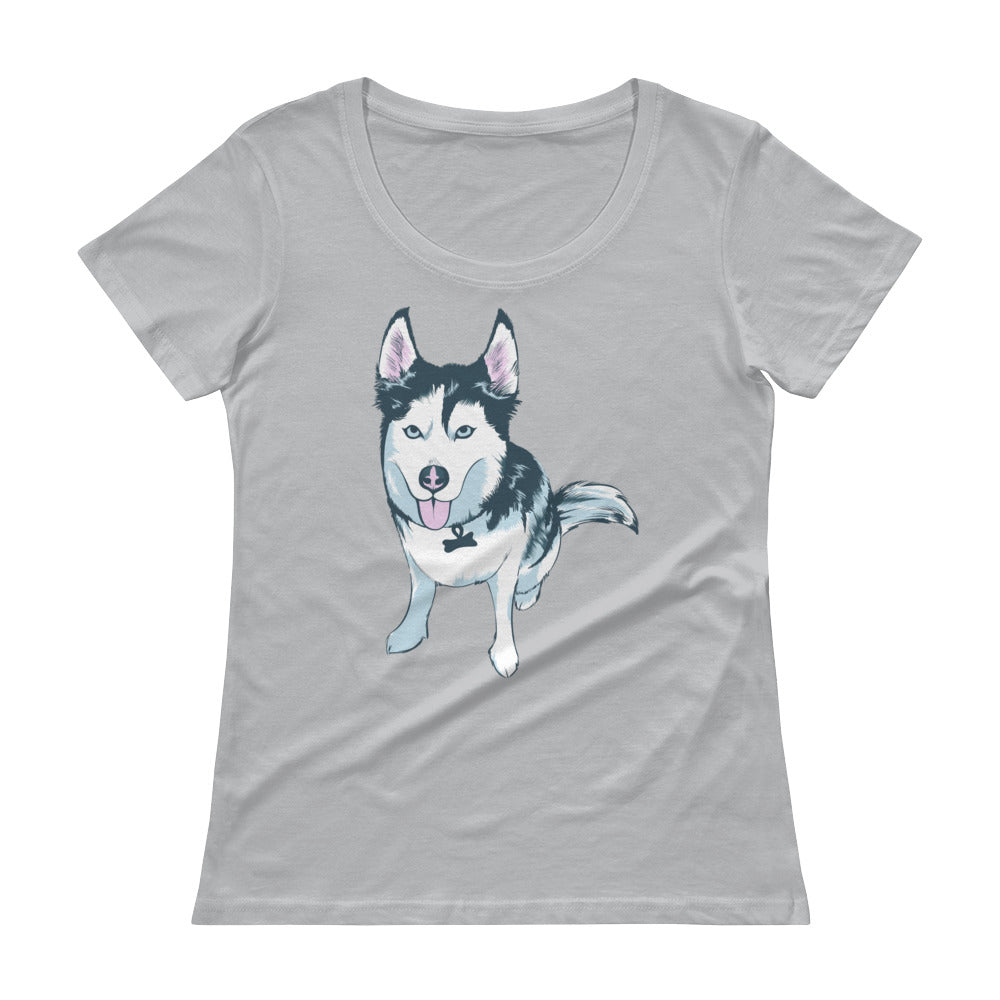 Ladies' Scoopneck T-Shirt- Aqua the Husky